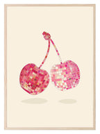 Glitter Ball Cherries Print | Pink & Red Disco Fruit Art | Beige - Larosier Prints