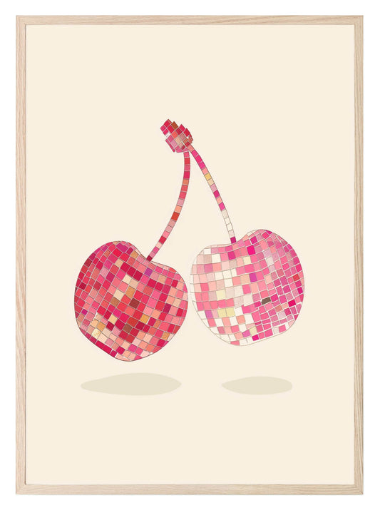 Glitter Ball Cherries Print | Pink & Red Disco Fruit Art | Beige