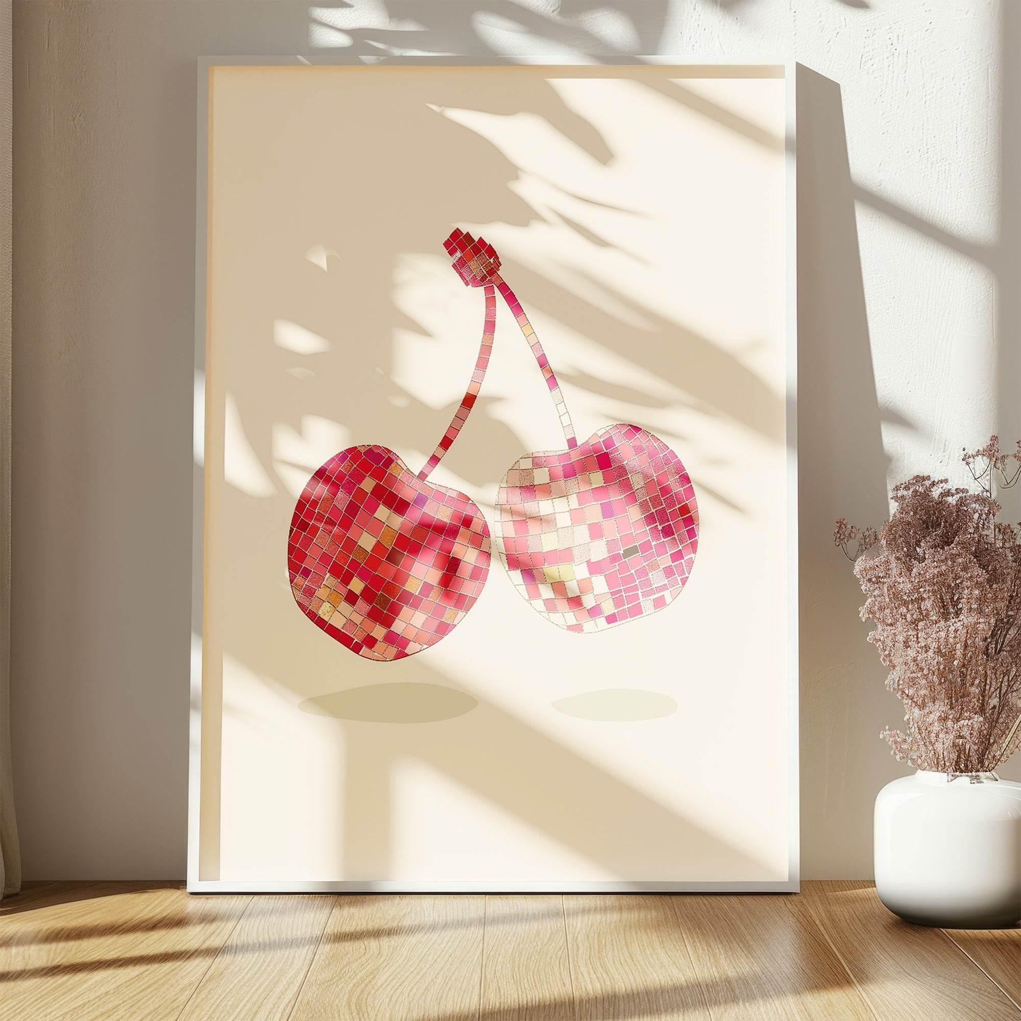 Glitter Ball Cherries Print | Pink & Red Disco Fruit Art | Beige - Larosier Prints