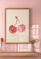 Glitter Ball Cherries Print | Pink & Red Disco Fruit Art | Beige - Larosier Prints