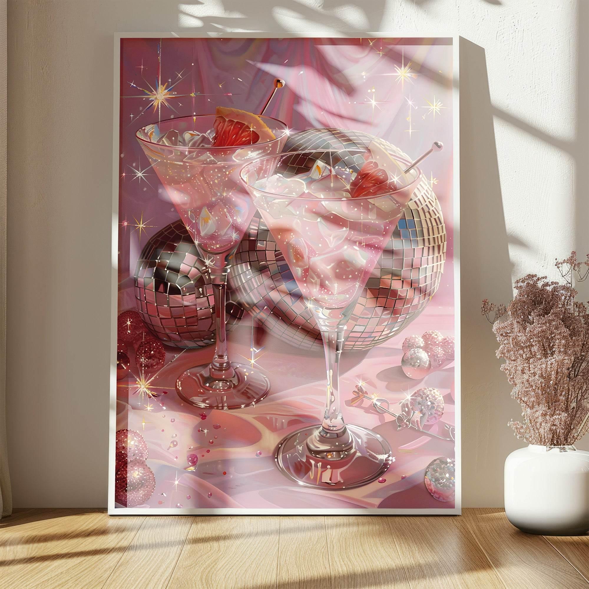Disco Balls and Drinks Print | Coquette Style | Retro Party Wall Art - Larosier Prints