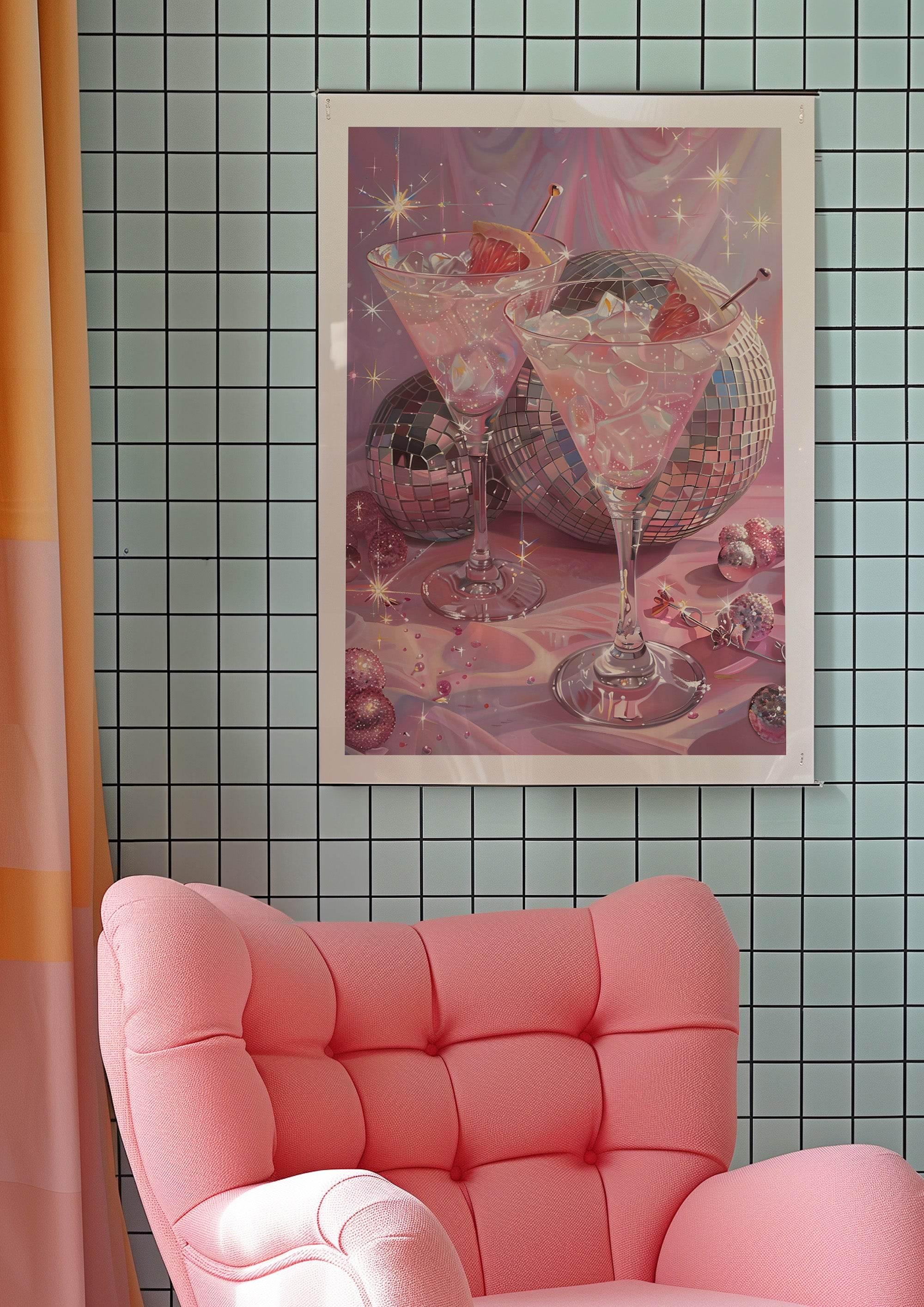Disco Balls and Drinks Print | Coquette Style | Retro Party Wall Art - Larosier Prints