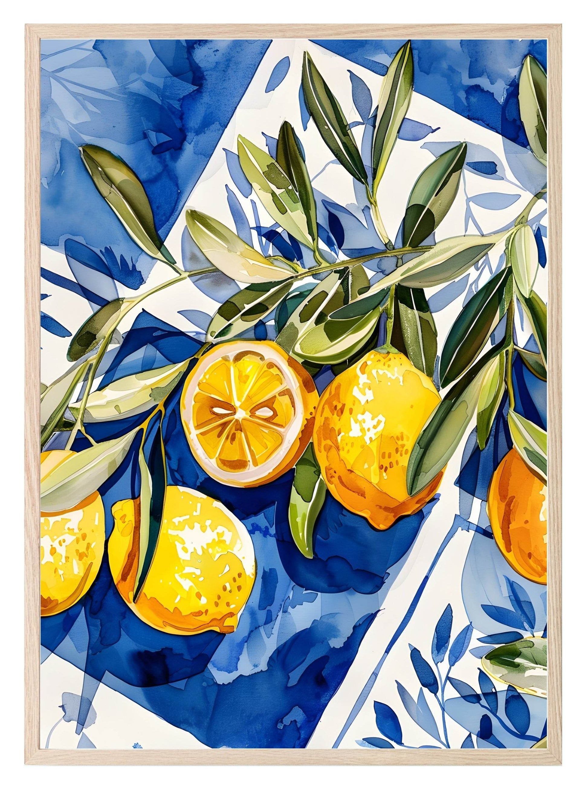 Lemons Print | Contemporary Wall Art | Blue Picnic Blanket Illustration