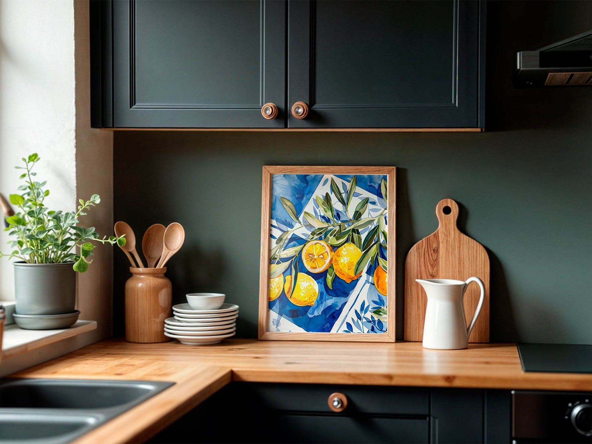 Lemons Print | Contemporary Wall Art | Blue Picnic Blanket Illustration