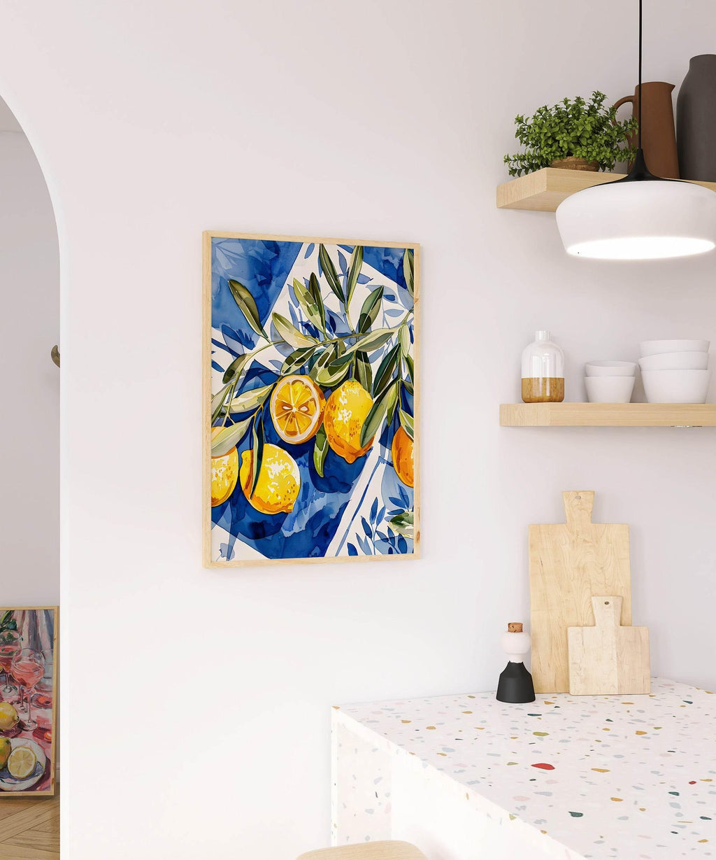 Lemons Print | Contemporary Wall Art | Blue Picnic Blanket Illustration - Larosier Prints