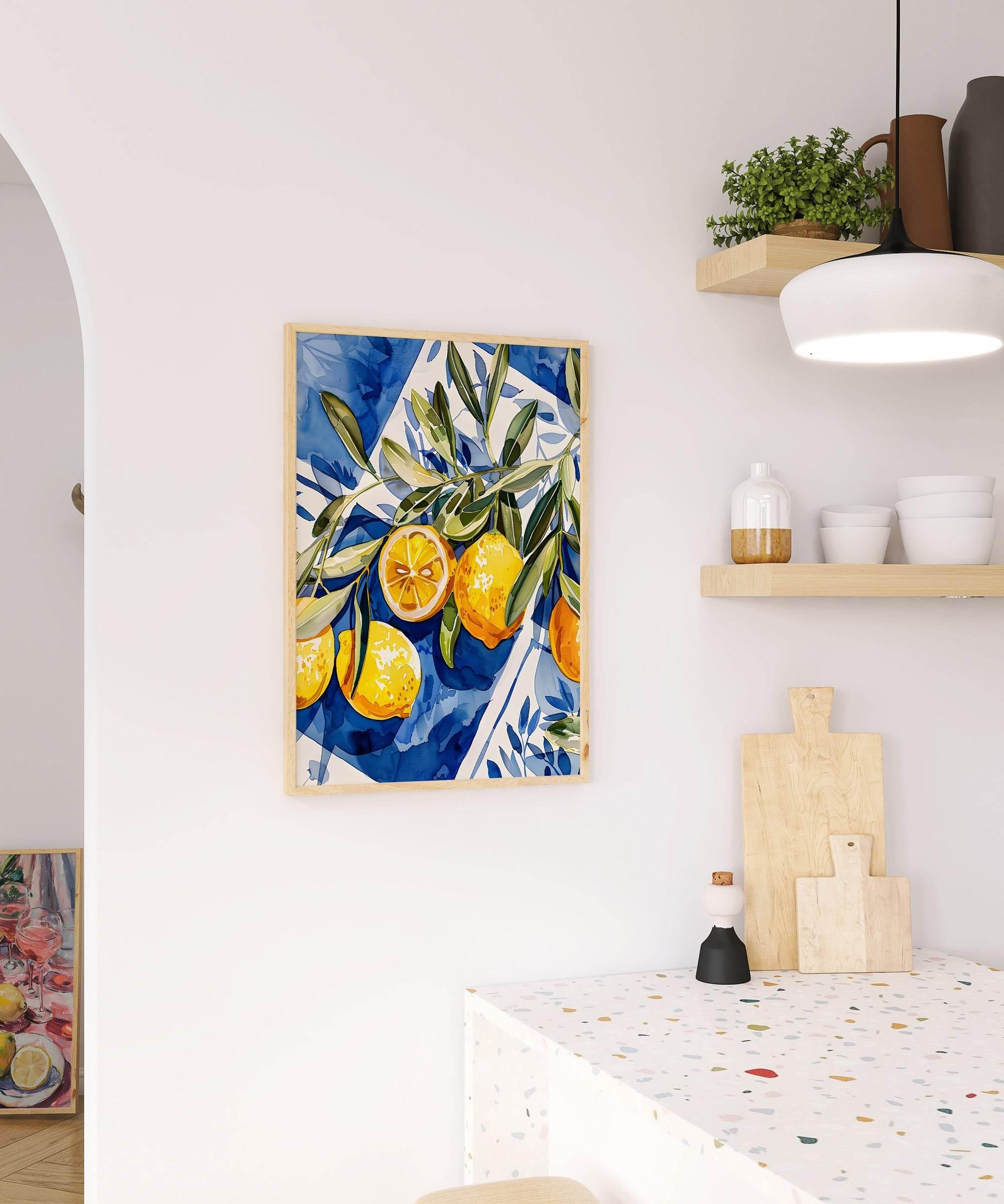 Lemons Print | Contemporary Wall Art | Blue Picnic Blanket Illustration - Larosier Prints
