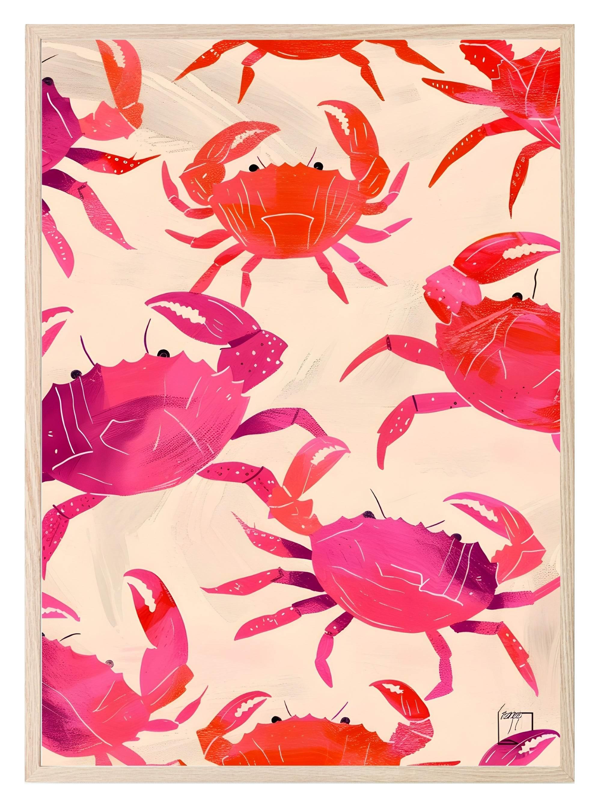 Crab Print | Pink and Red Crab Pattern Wall Art | Beige - Larosier Prints