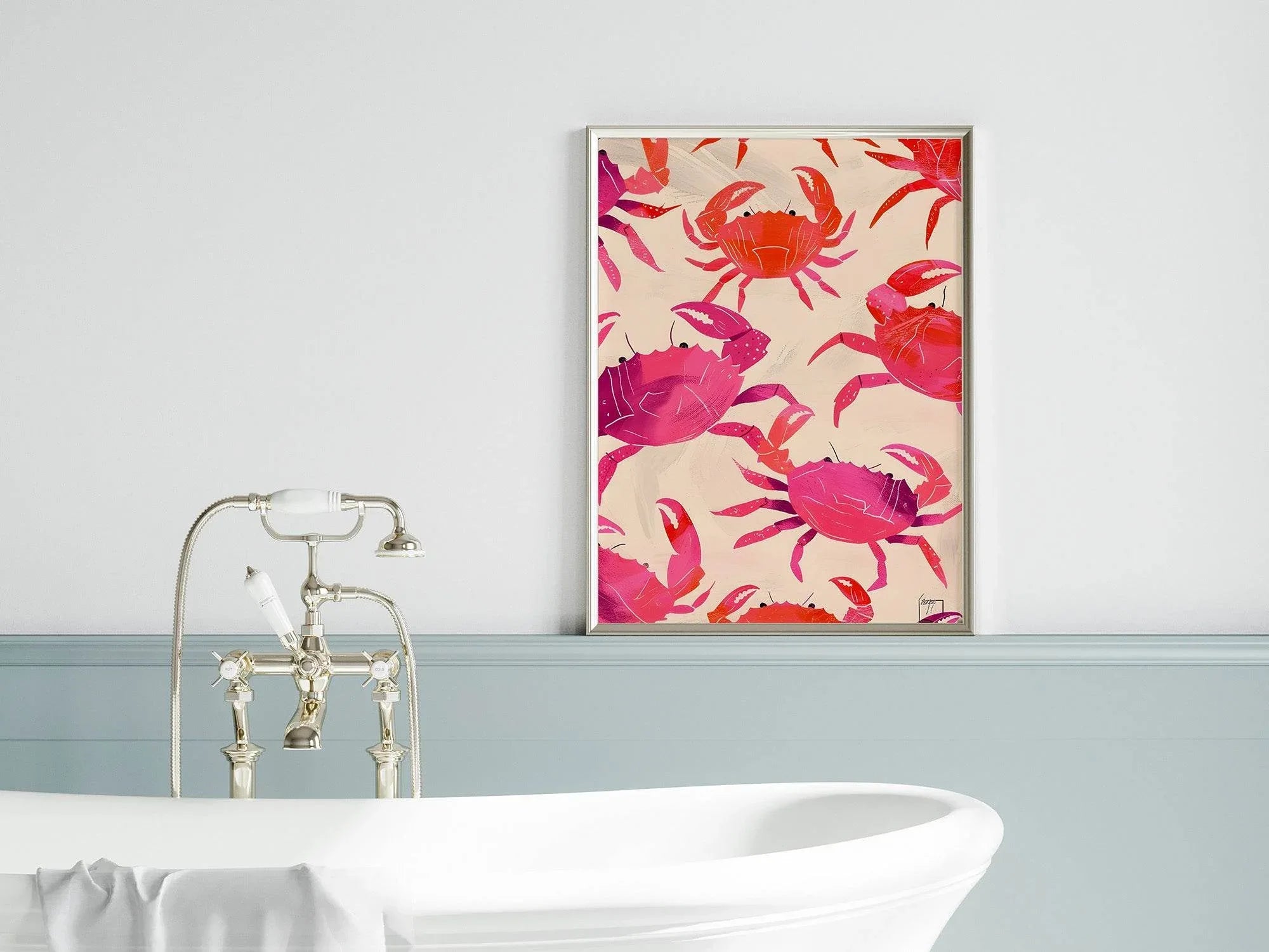 Crab Print | Pink and Red Crab Pattern Wall Art | Beige - Larosier Prints