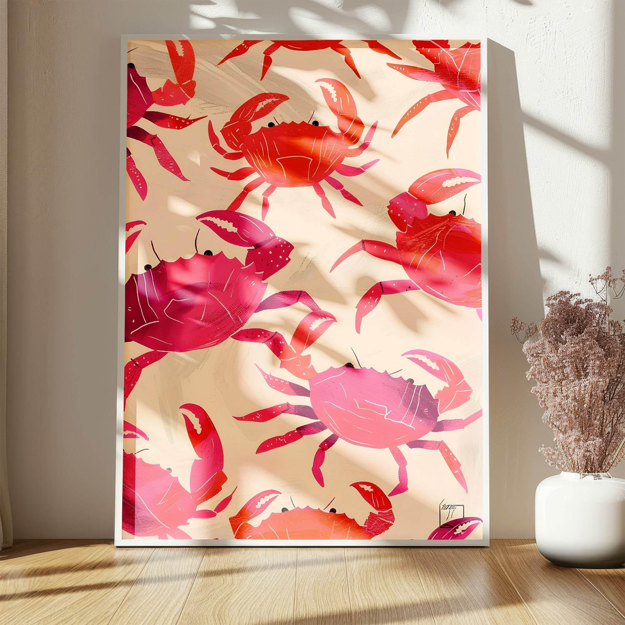 Crab Print | Pink and Red Crab Pattern Wall Art | Beige - Larosier Prints