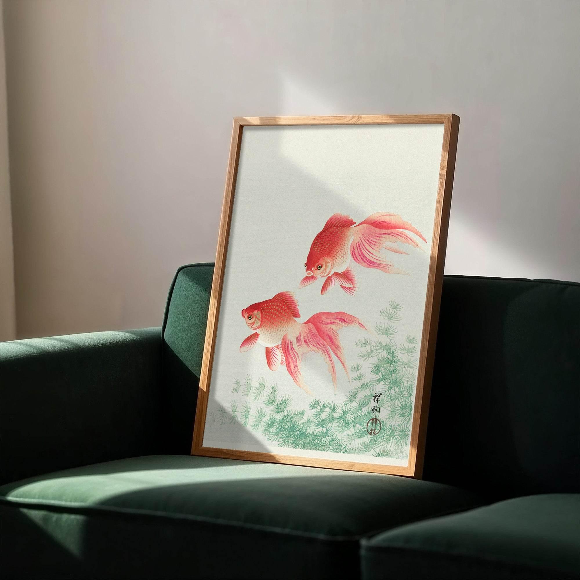 Pink Fish Print | Japanese Style Art | Beige & Green Vintage Design - Larosier Prints