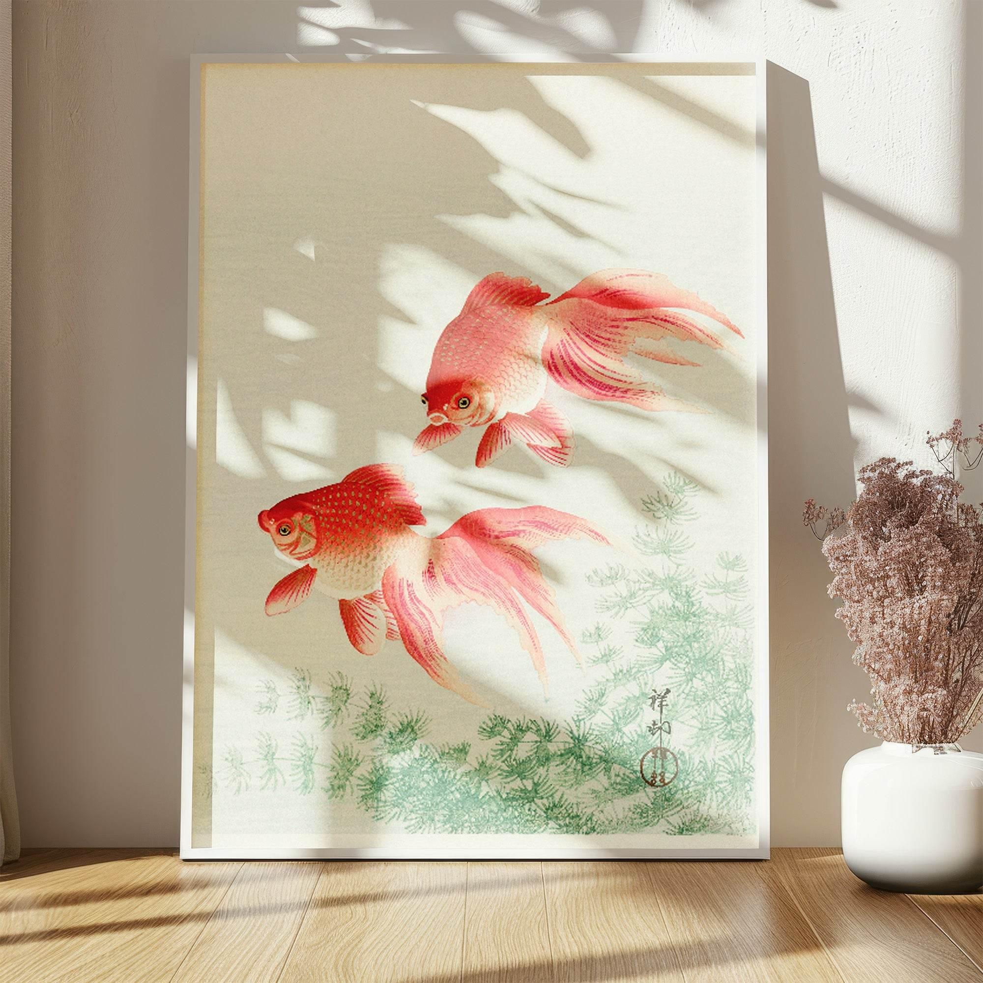 Pink Fish Print | Japanese Style Art | Beige & Green Vintage Design - Larosier Prints