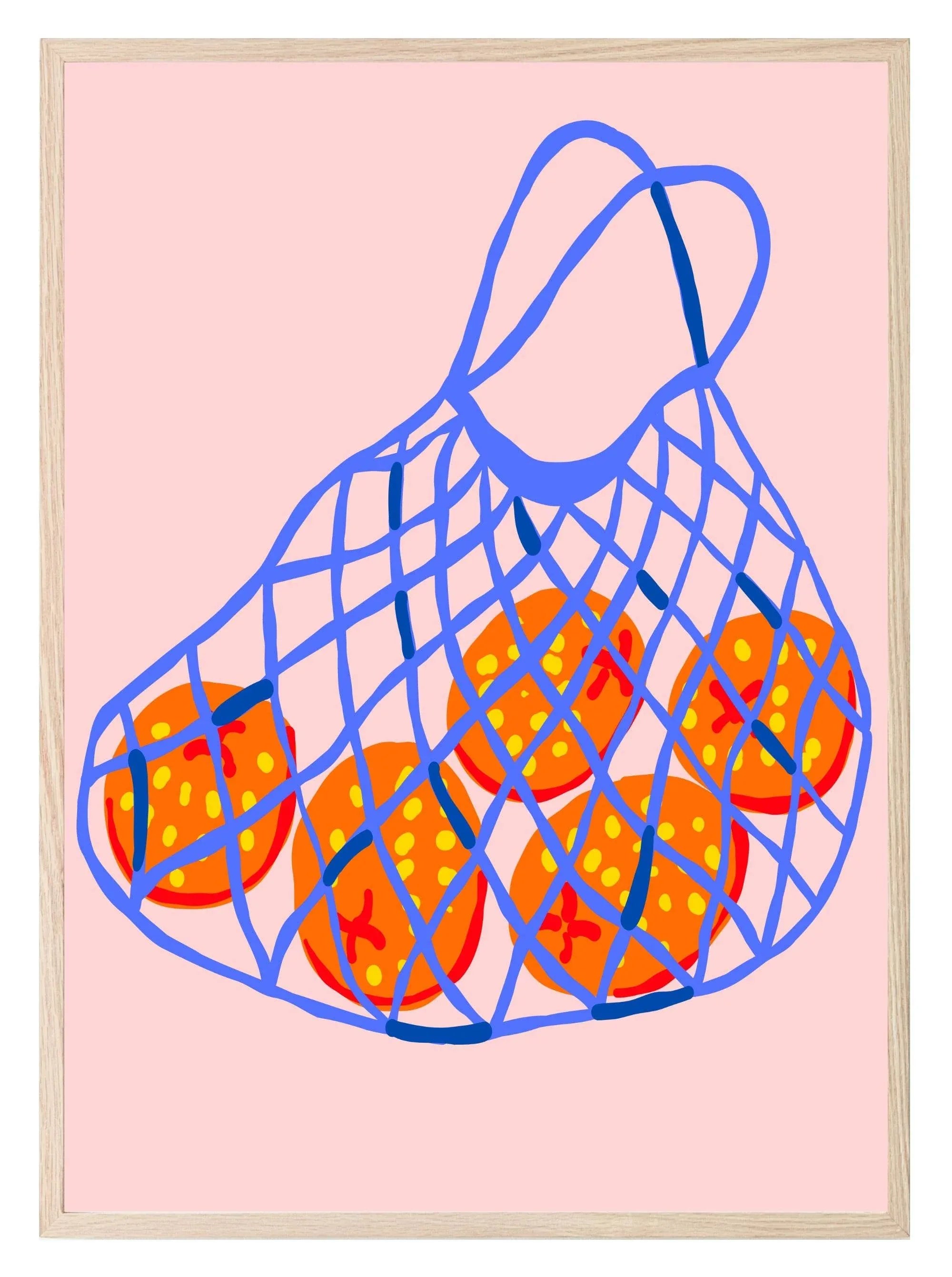 Fruits in Bag Print | Red Fruit Art in Blue Net | Pink - Larosier Prints