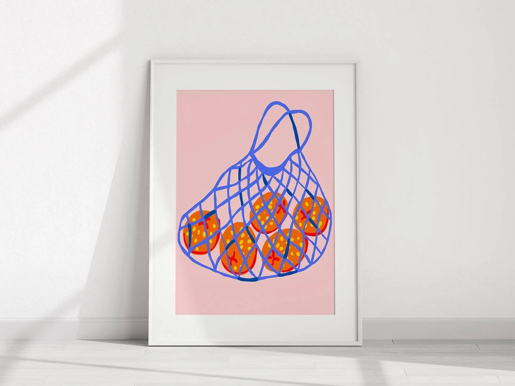 Fruits in Bag Print | Red Fruit Art in Blue Net | Pink - Larosier Prints