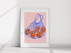 Fruits in Bag Print | Red Fruit Art in Blue Net | Pink - Larosier Prints