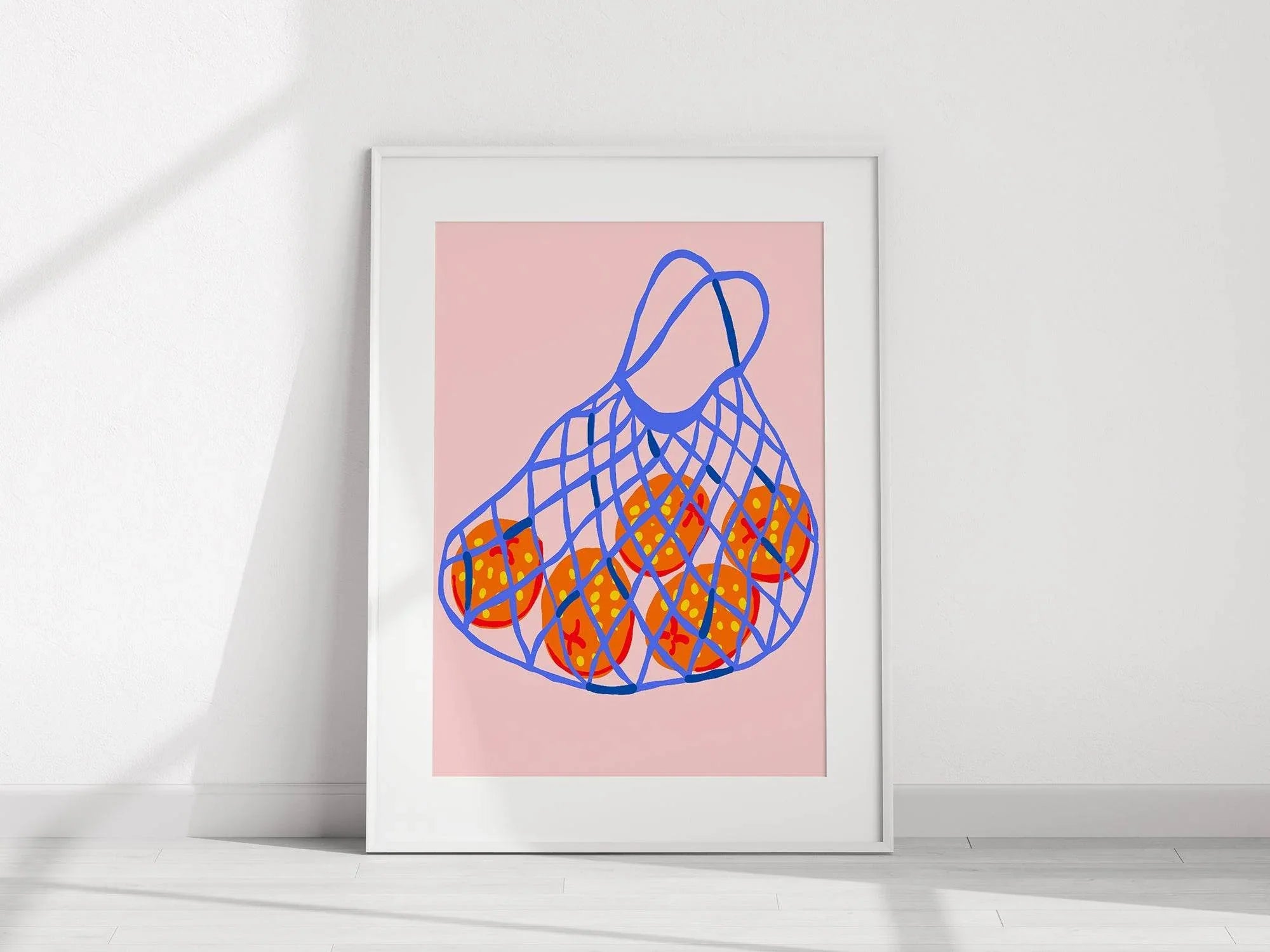 Fruits in Bag Print | Red Fruit Art in Blue Net | Pink - Larosier Prints
