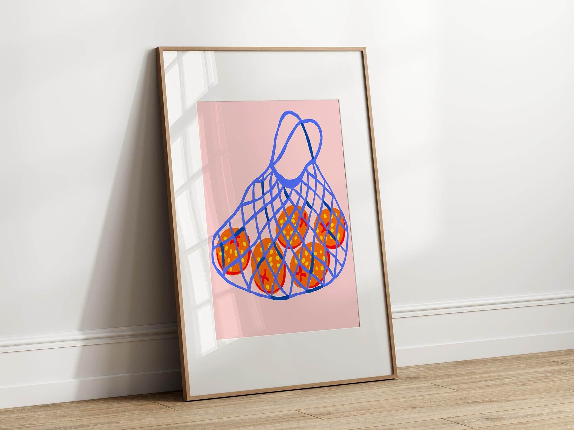 Fruits in Bag Print | Red Fruit Art in Blue Net | Pink - Larosier Prints