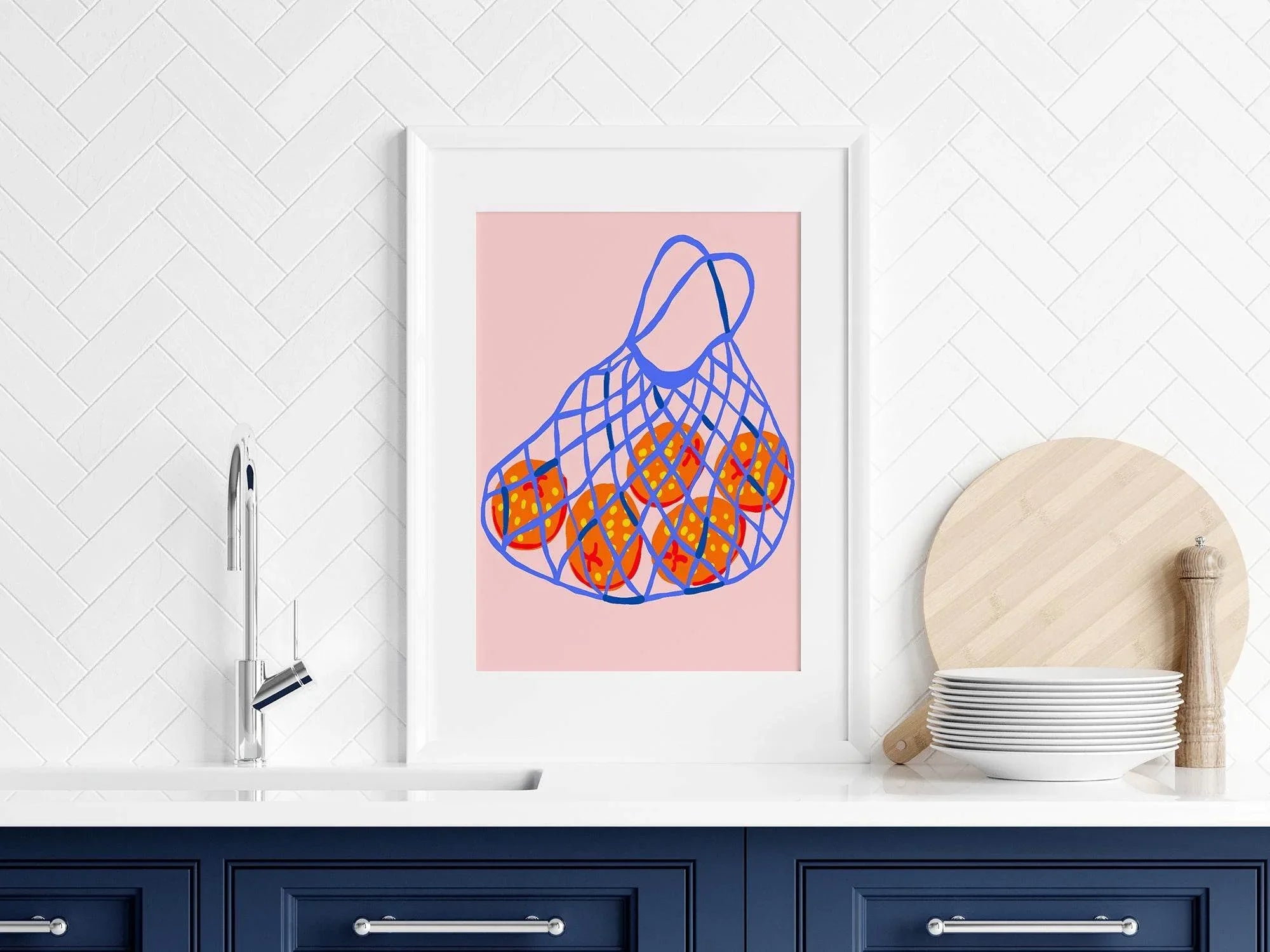 Fruits in Bag Print | Red Fruit Art in Blue Net | Pink - Larosier Prints
