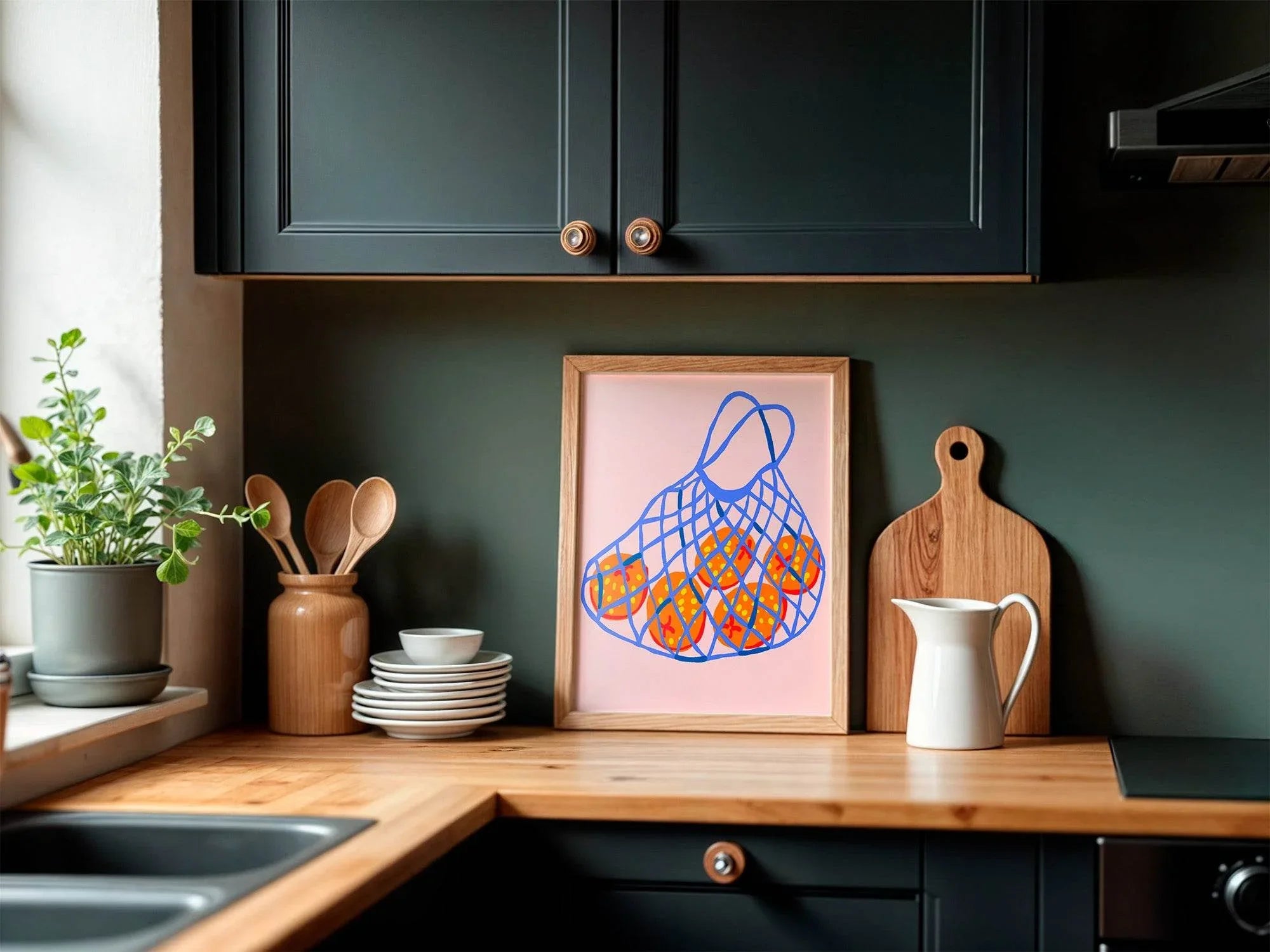 Fruits in Bag Print | Red Fruit Art in Blue Net | Pink - Larosier Prints