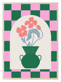 Modern Pink & Green Checkered Floral Print | Vase with Flowers | Contemporary Wall Art - Larosier Prints