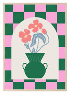 Modern Pink & Green Checkered Floral Print | Vase with Flowers | Contemporary Wall Art - Larosier Prints