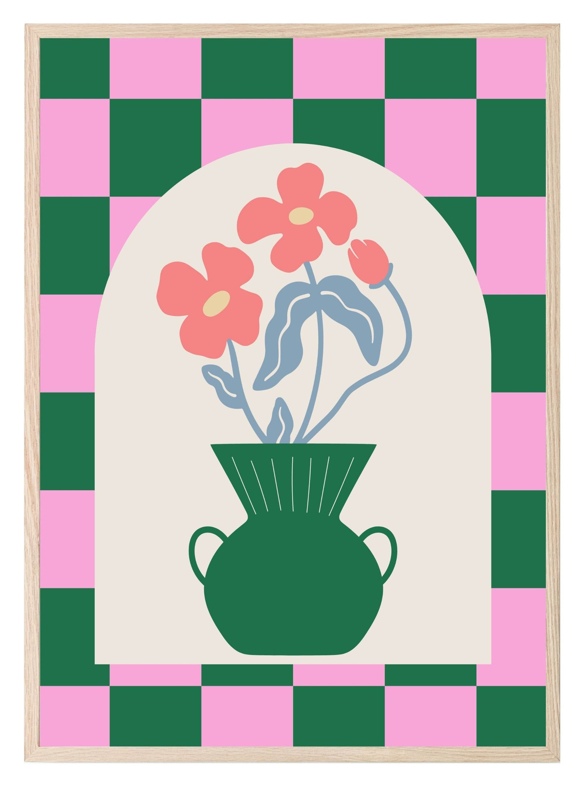 Modern Pink & Green Checkered Floral Print | Vase with Flowers | Contemporary Wall Art