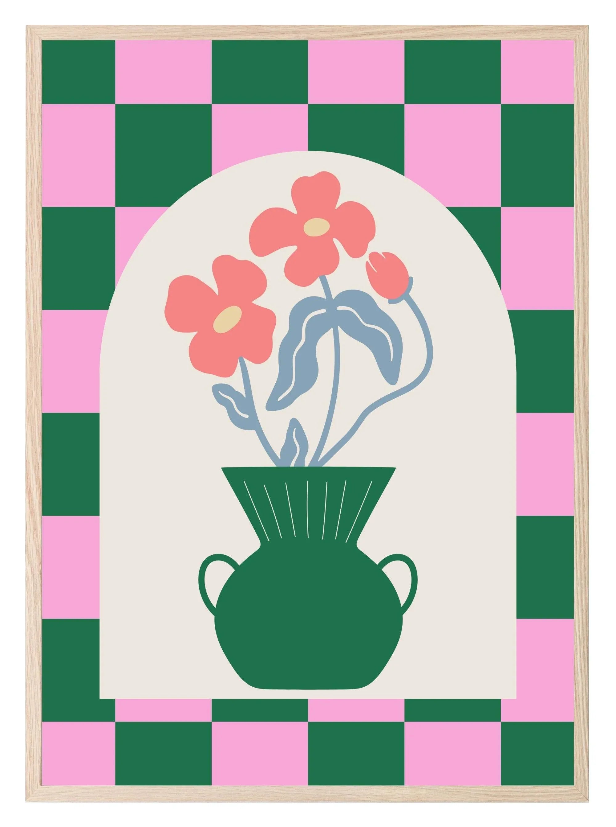 Modern Pink & Green Checkered Floral Print | Vase with Flowers | Contemporary Wall Art - Larosier Prints