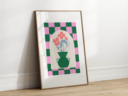 Modern Pink & Green Checkered Floral Print | Vase with Flowers | Contemporary Wall Art
