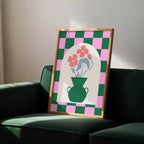 Modern Pink & Green Checkered Floral Print | Vase with Flowers | Contemporary Wall Art - Larosier Prints