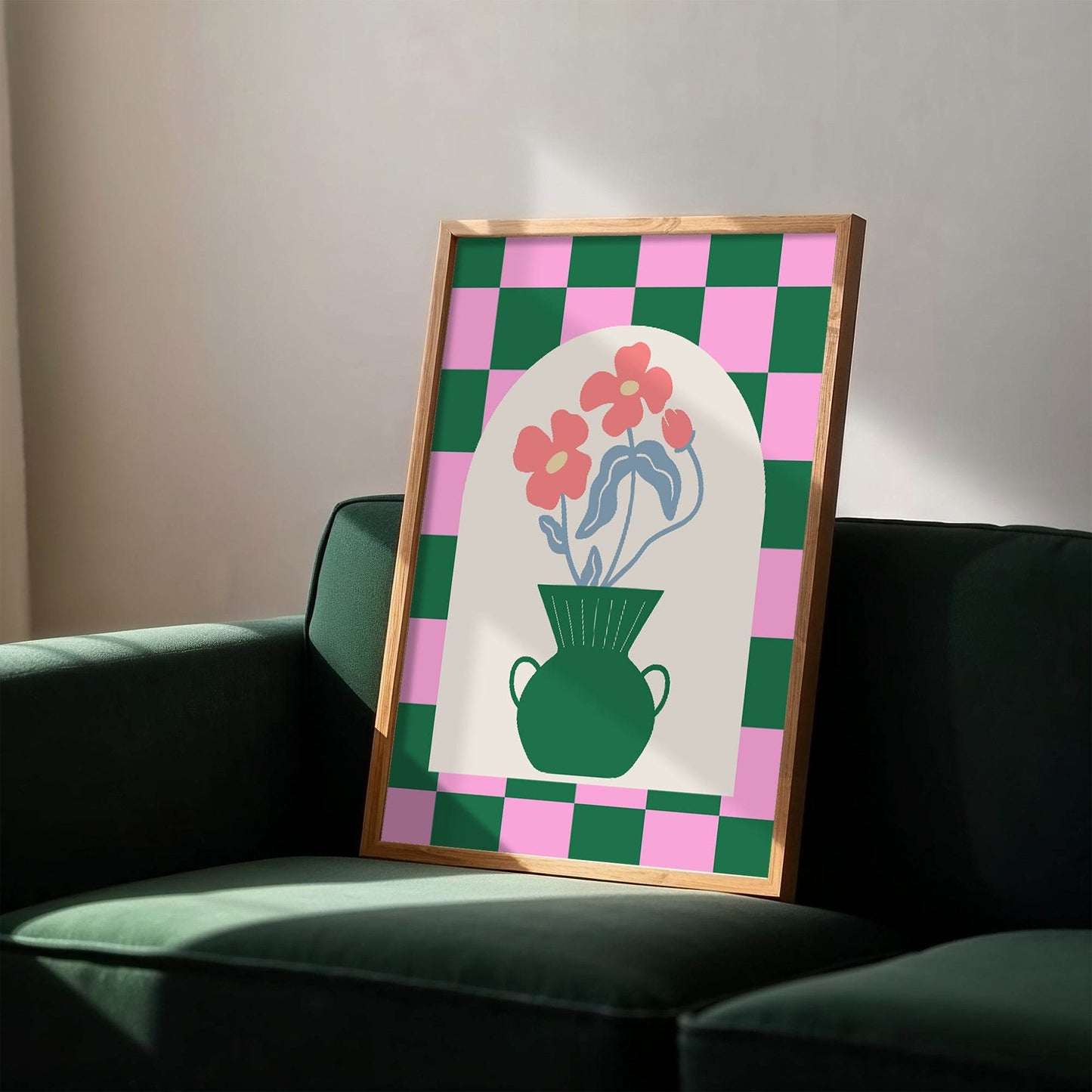 Modern Pink & Green Checkered Floral Print | Vase with Flowers | Contemporary Wall Art