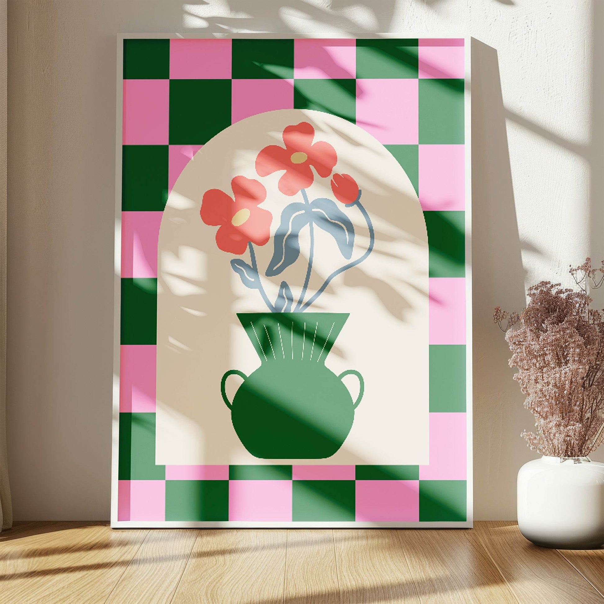 Modern Pink & Green Checkered Floral Print | Vase with Flowers | Contemporary Wall Art
