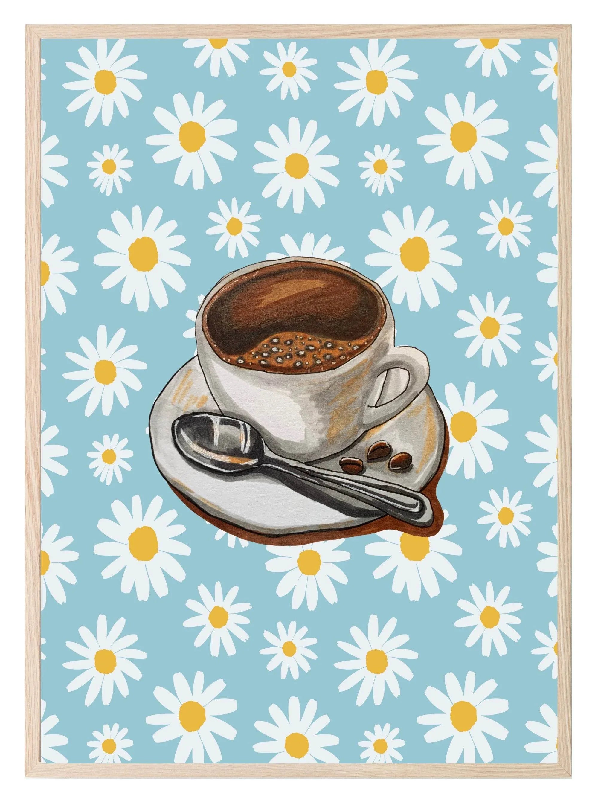 Coffee Cup Print | Floral Pattern | Blue | Cosy Kitchen Wall Art - Larosier Prints