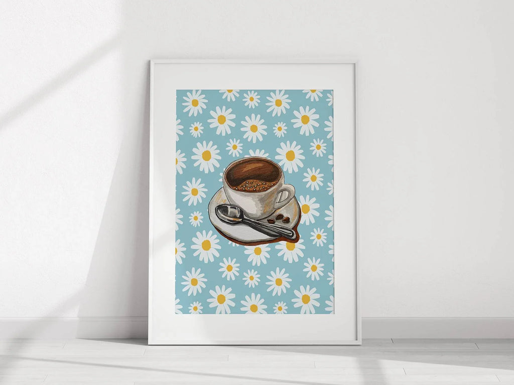 Coffee Cup Print | Floral Pattern | Blue | Cosy Kitchen Wall Art - Larosier Prints