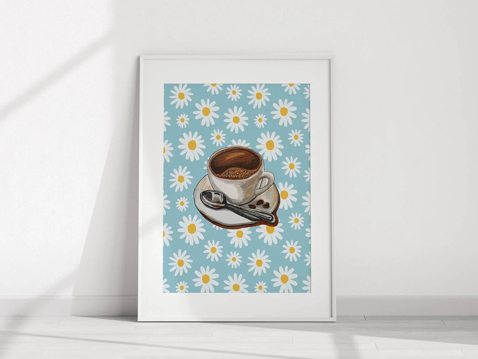 Coffee Cup Print | Floral Pattern | Blue | Cosy Kitchen Wall Art - Larosier Prints