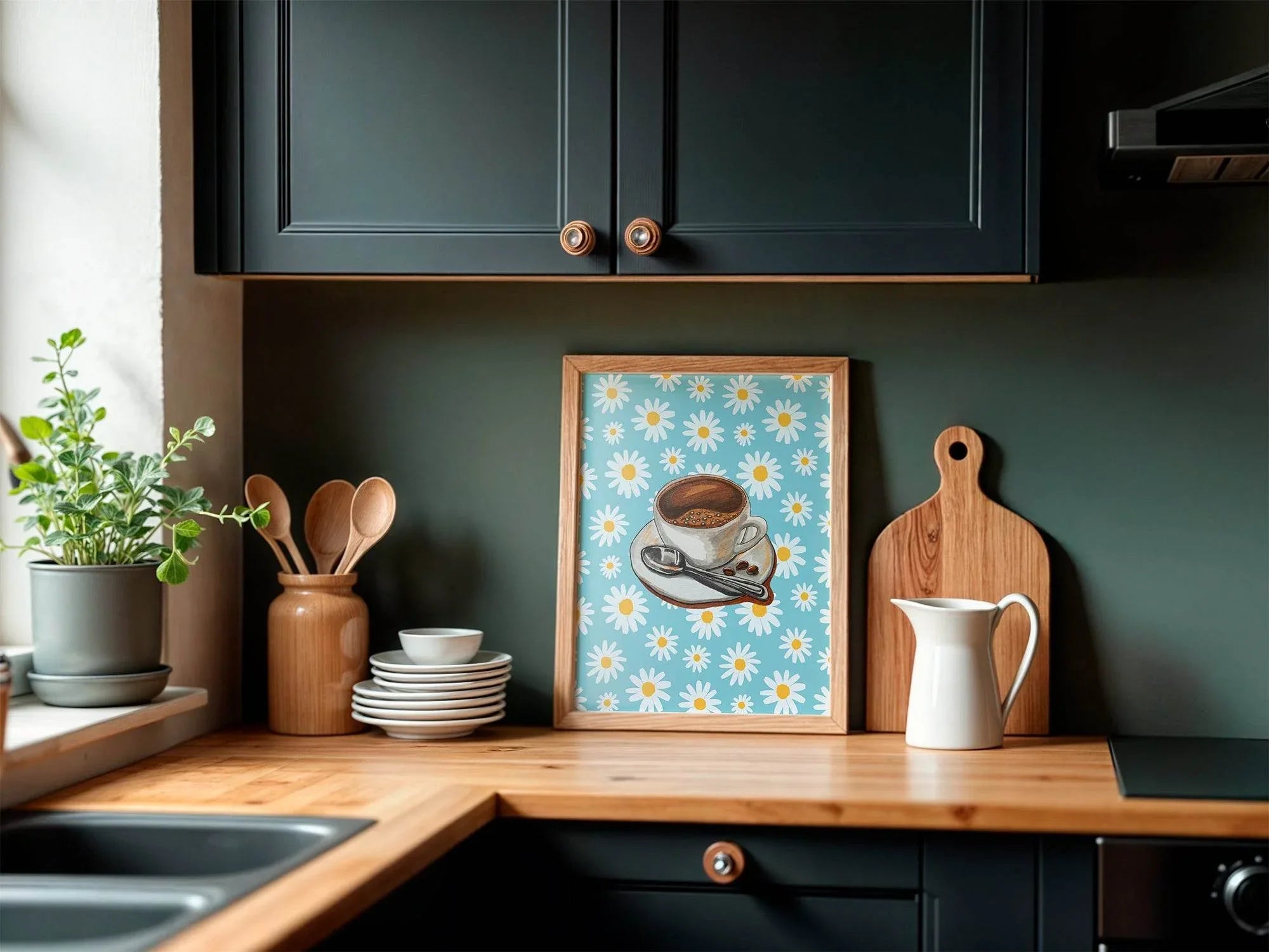 Coffee Cup Print | Floral Pattern | Blue | Cosy Kitchen Wall Art - Larosier Prints