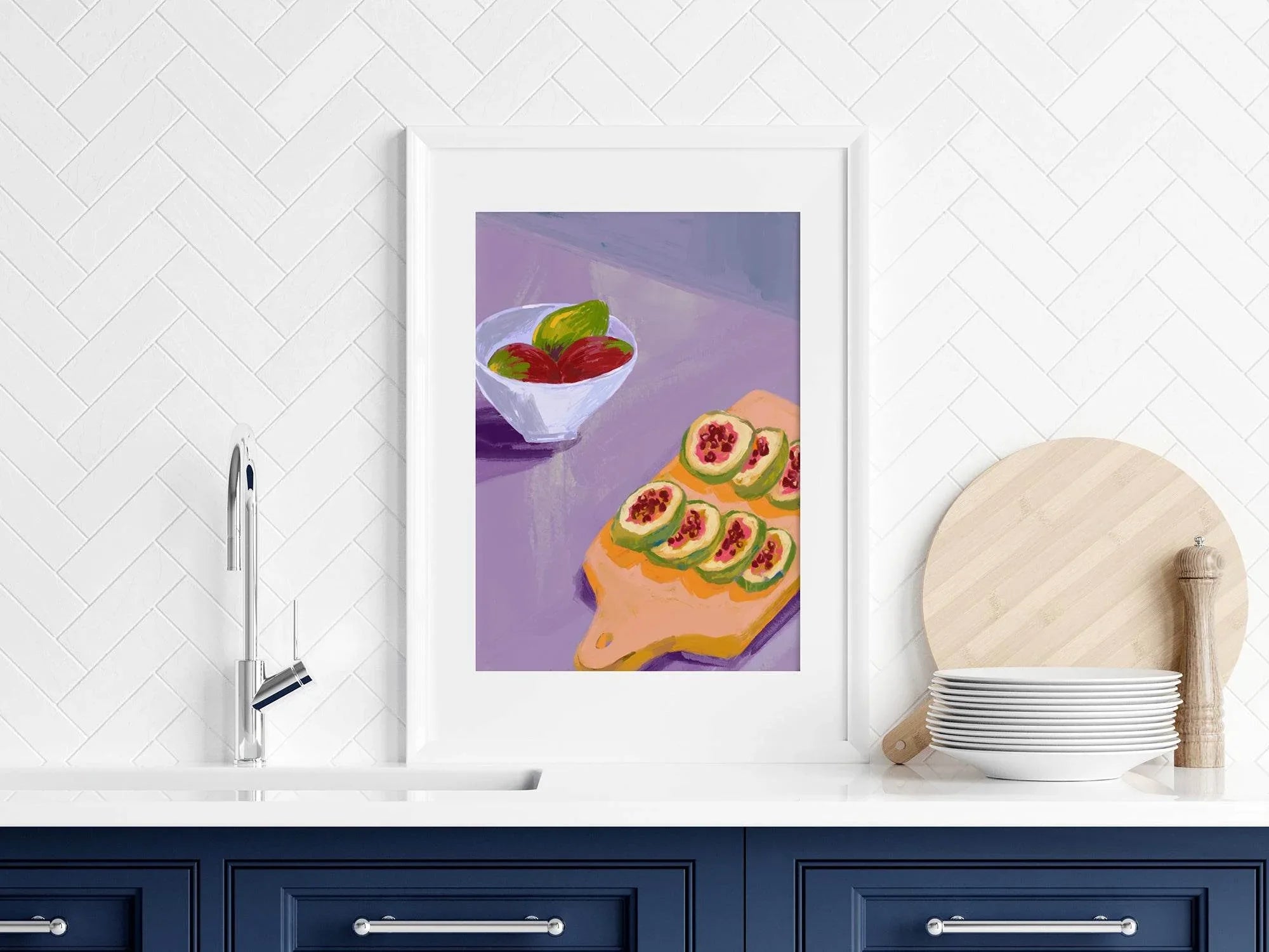 Fruits on Chopping Board Print | Purple | Modern Kitchen Wall Art - Larosier Prints