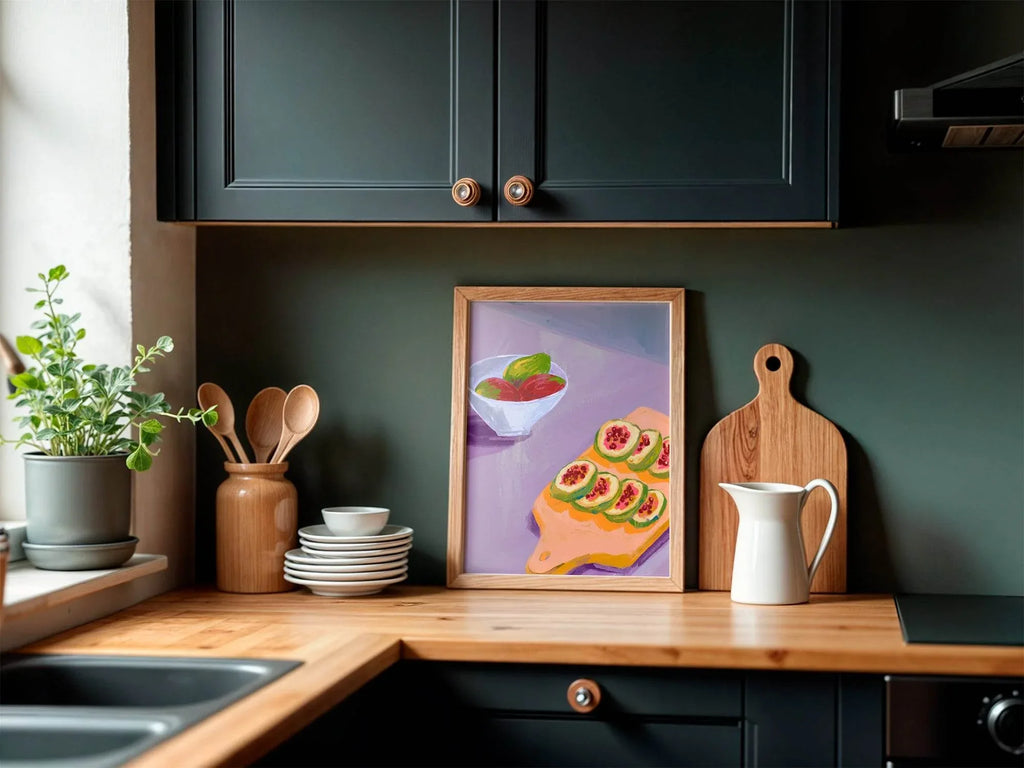 Fruits on Chopping Board Print | Purple | Modern Kitchen Wall Art - Larosier Prints