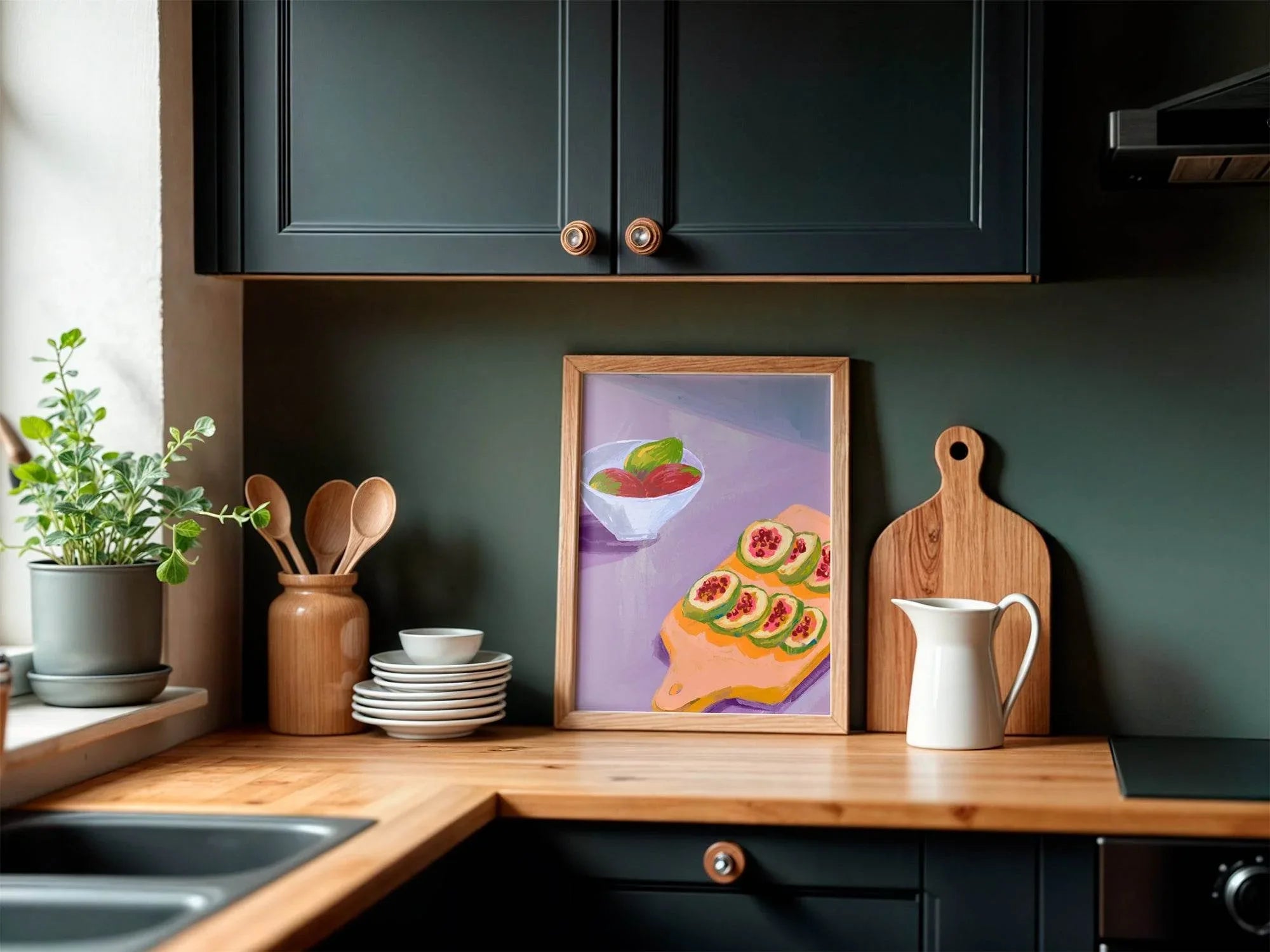 Fruits on Chopping Board Print | Purple | Modern Kitchen Wall Art - Larosier Prints