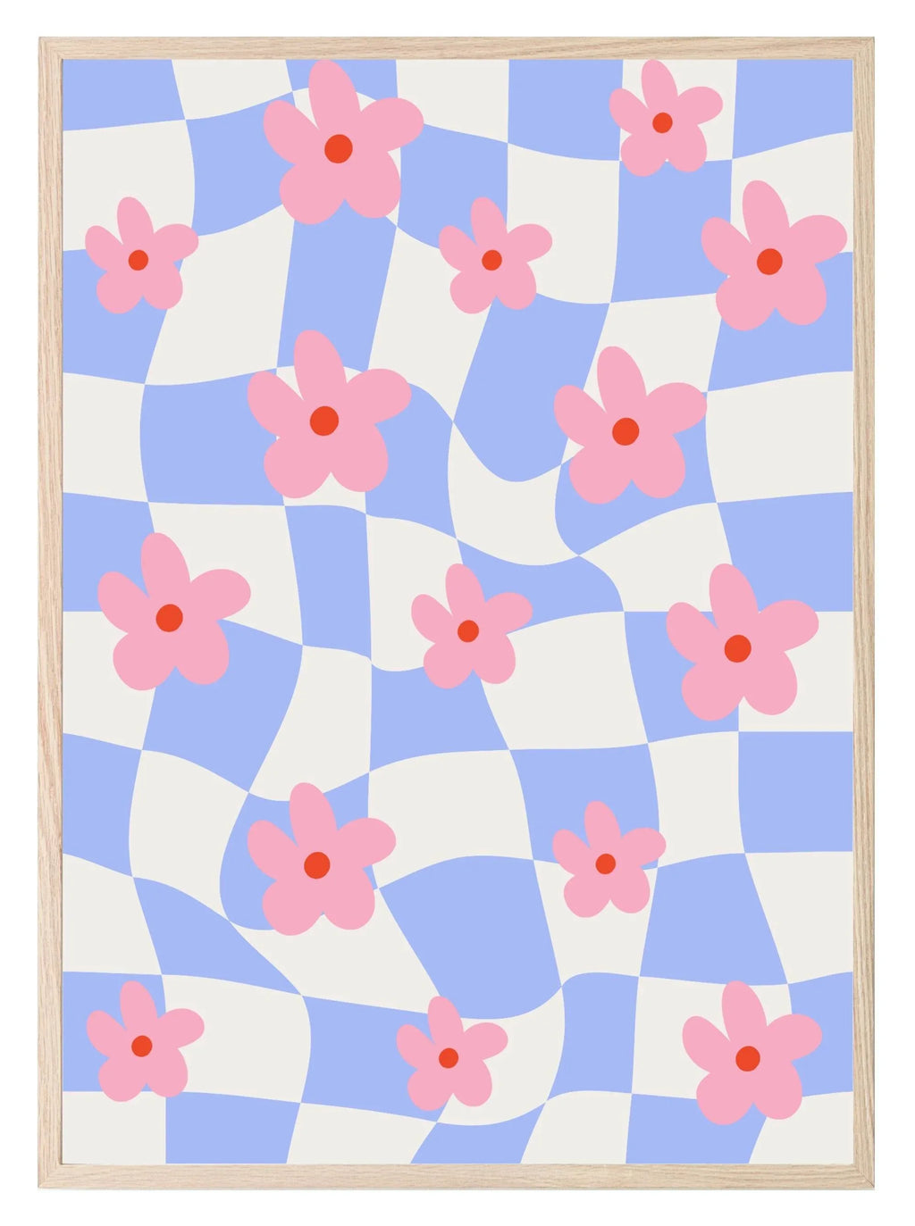 Checkered Pink Abstract Flowers Print | Modern Artwork | Blue - Larosier Prints