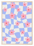 Checkered Pink Abstract Flowers Print | Modern Artwork | Blue - Larosier Prints