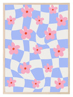 Checkered Pink Abstract Flowers Print | Modern Artwork | Blue - Larosier Prints