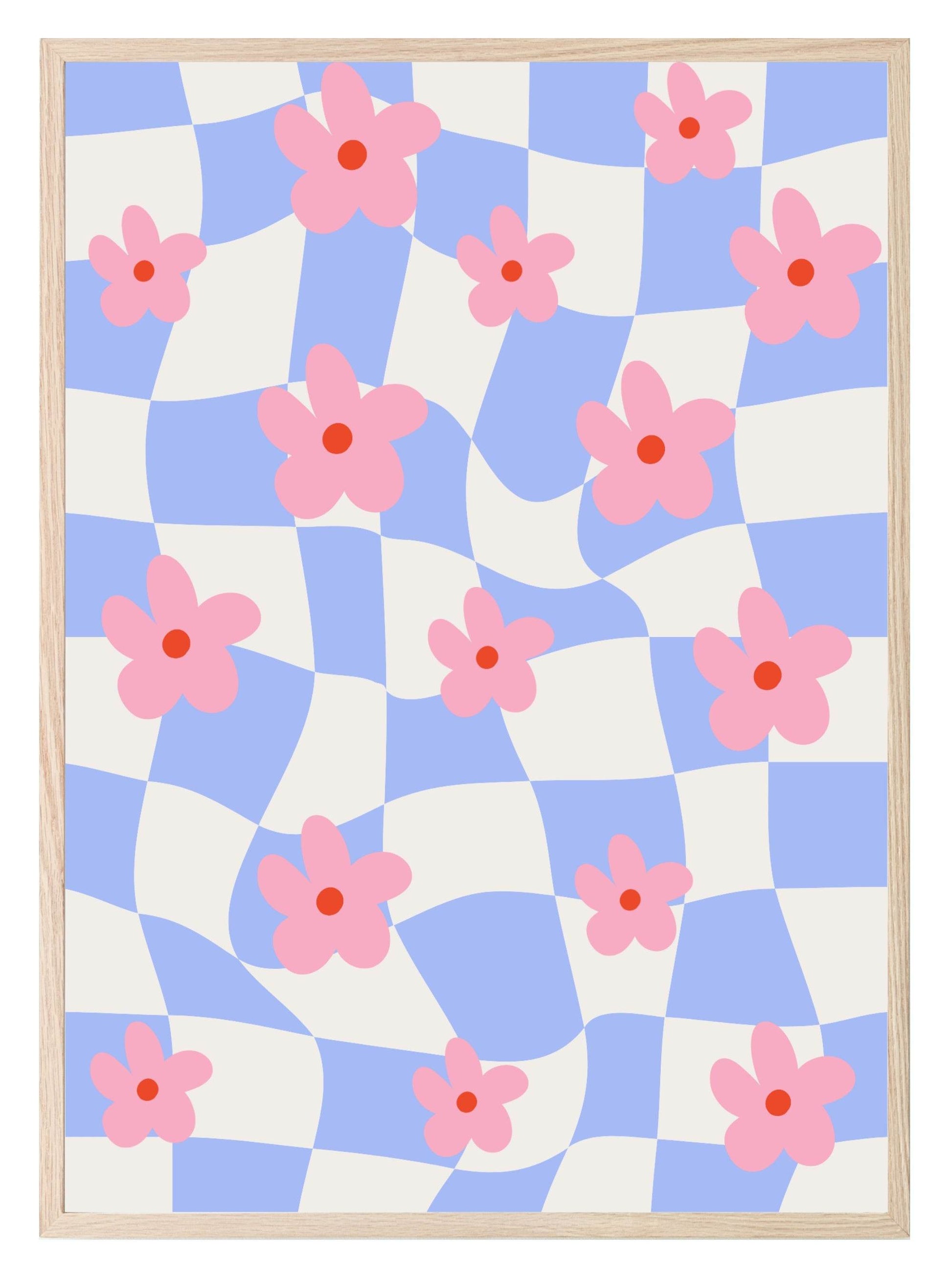 Checkered Pink Abstract Flowers Print | Modern Artwork | Blue