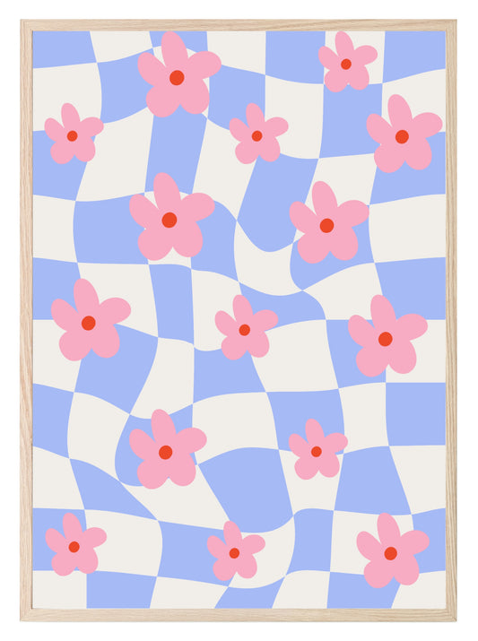 Checkered Pink Abstract Flowers Print | Modern Artwork | Blue