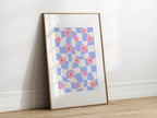 Checkered Pink Abstract Flowers Print | Modern Artwork | Blue - Larosier Prints