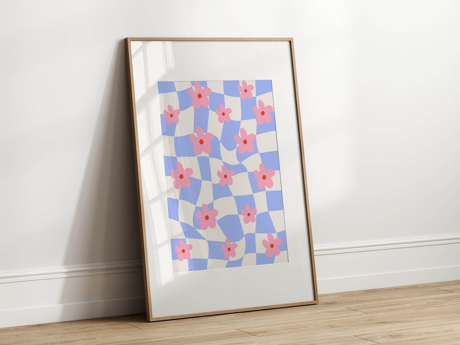 Checkered Pink Abstract Flowers Print | Modern Artwork | Blue