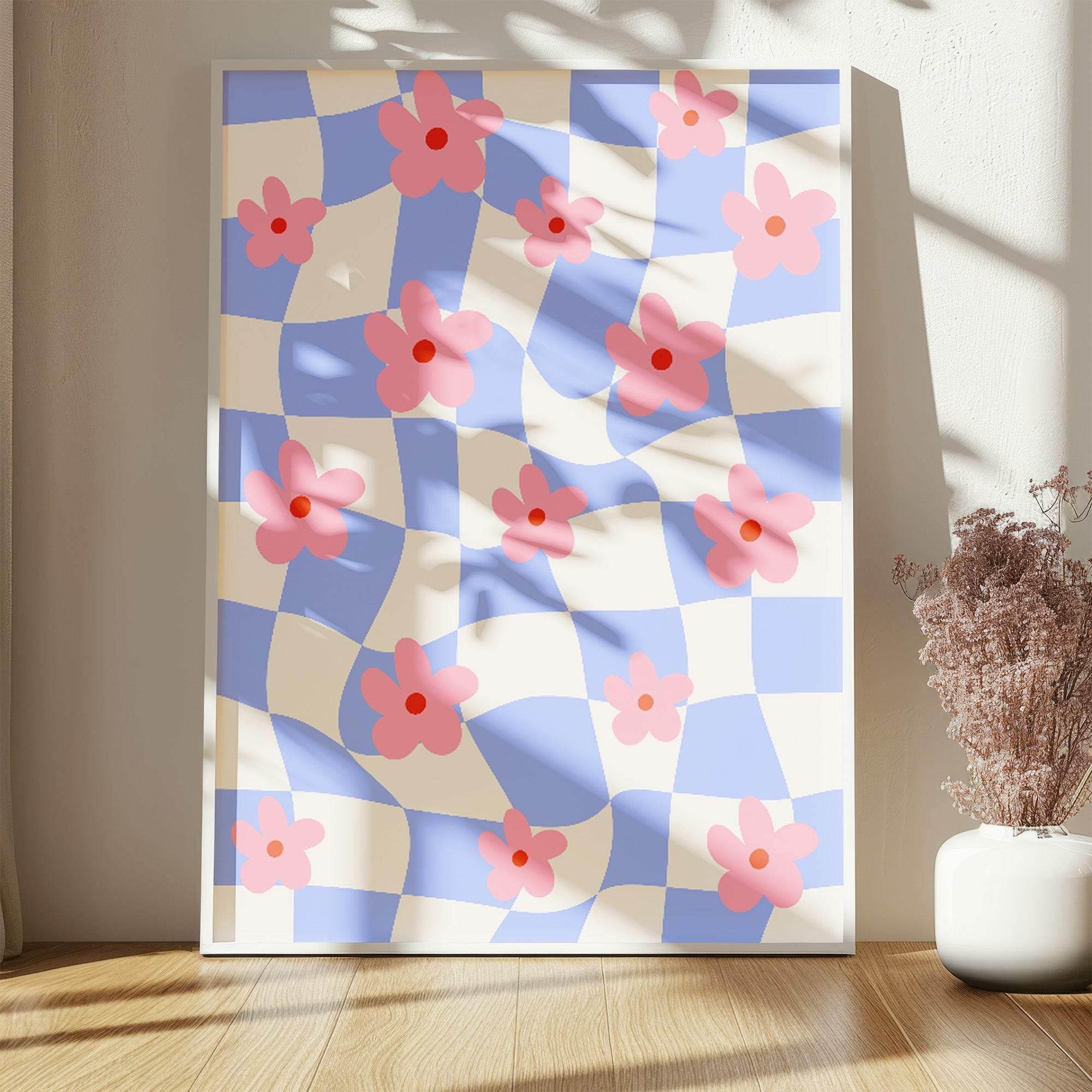 Checkered Pink Abstract Flowers Print | Modern Artwork | Blue - Larosier Prints