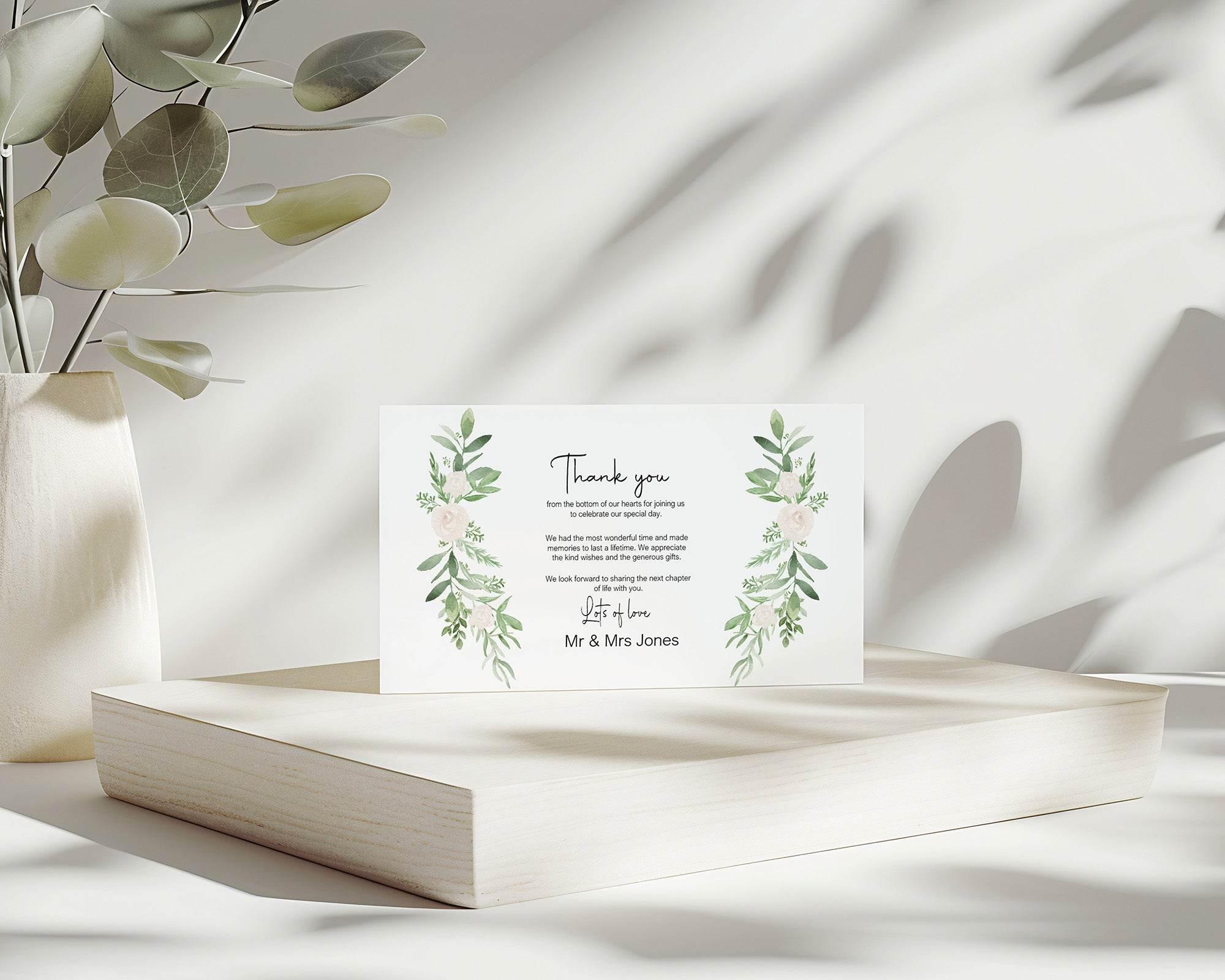 Green & White Rose Thank You Wedding Party Cards | Pack of 10 - Larosier Prints