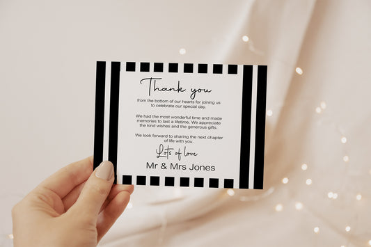 Black & White Stripe Thank You Wedding Party Cards | Pack of 10