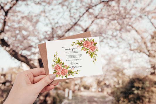 Pink Rose Thank You Wedding Party Cards | Pack of 10