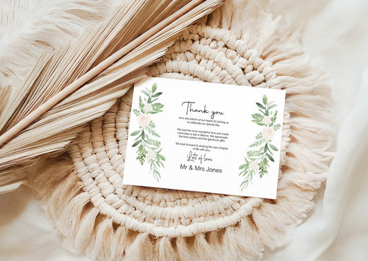Green & White Rose Thank You Wedding Party Cards | Pack of 10