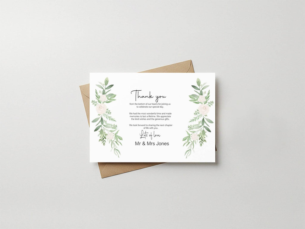 Green & White Rose Thank You Wedding Party Cards | Pack of 10 - Larosier Prints